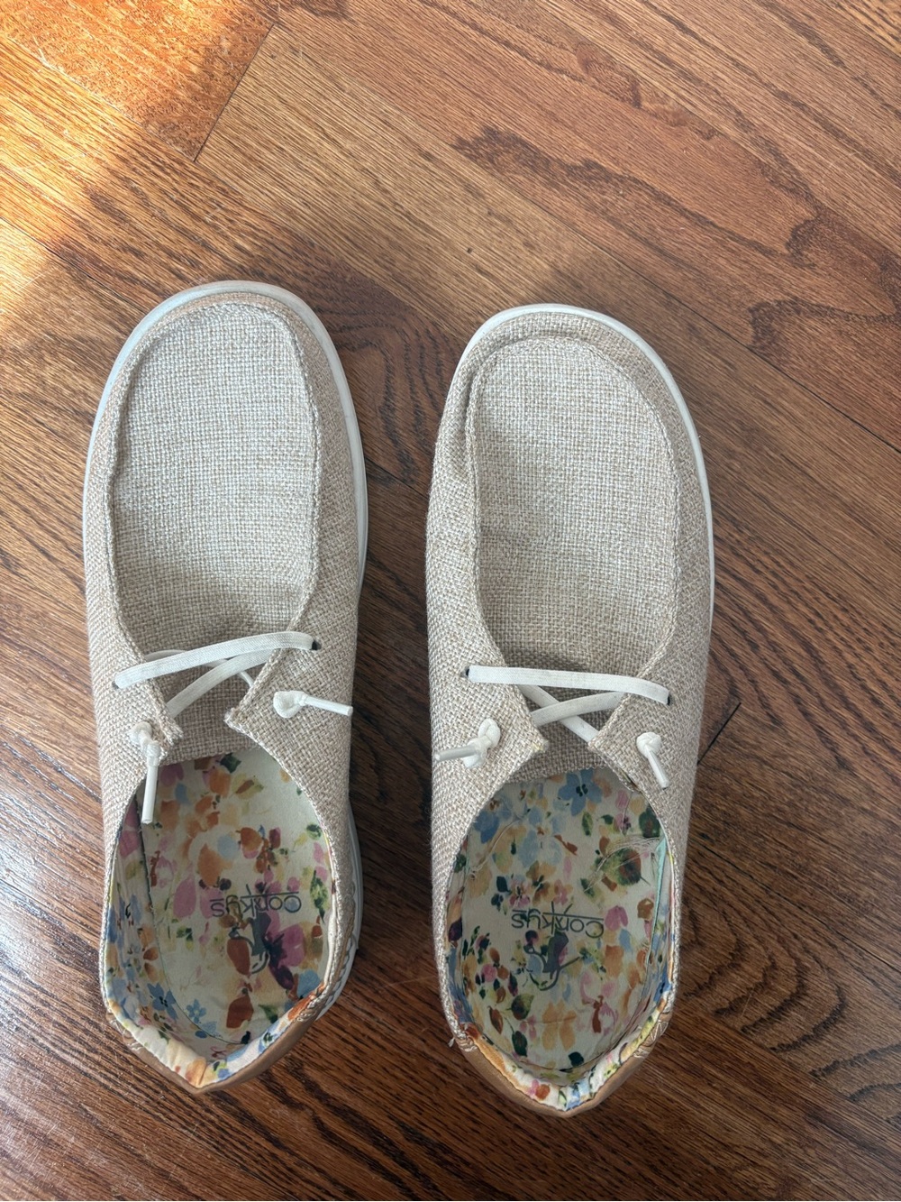 Corkys Beige Canvas Slip-Ons with Pastel Floral Insole